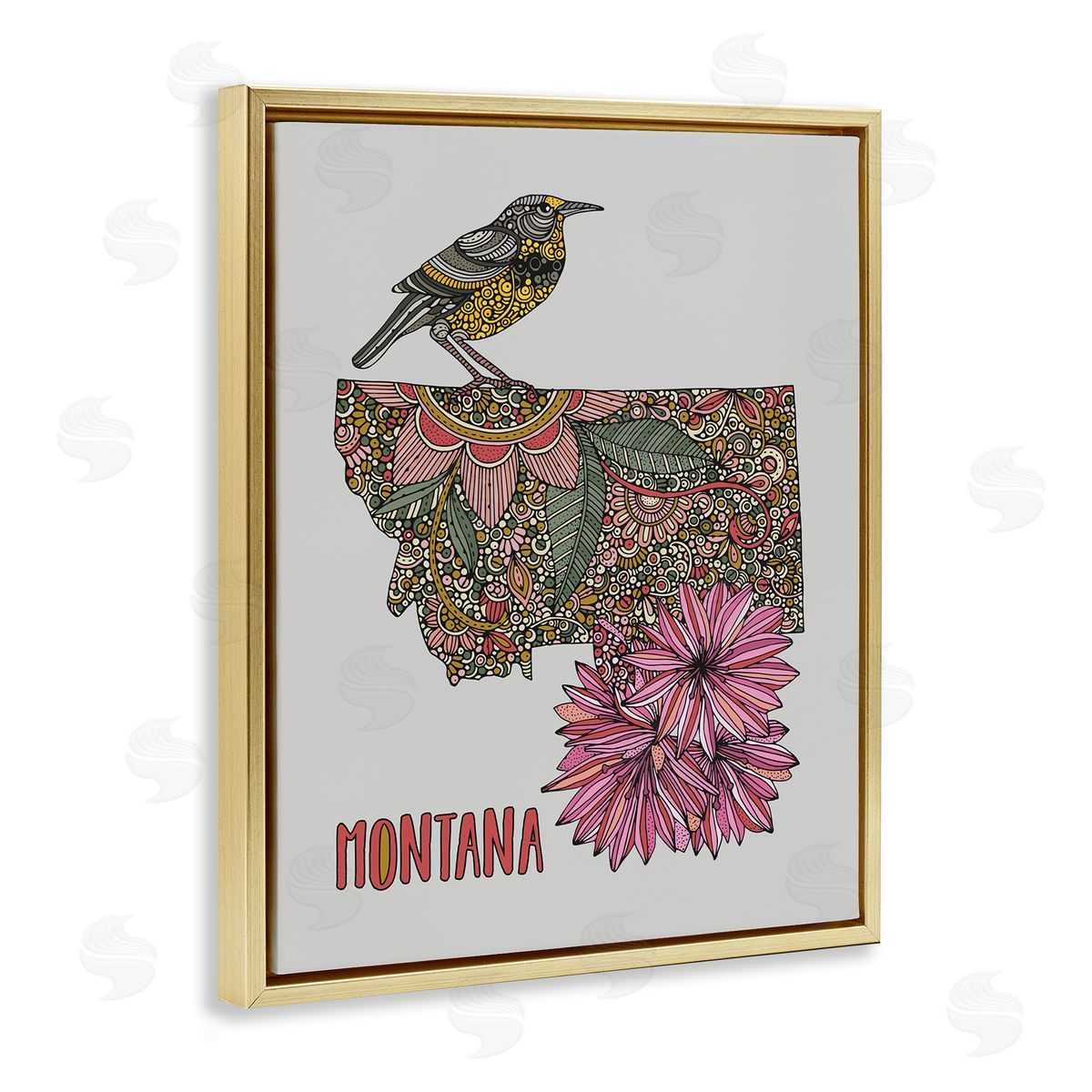 Floral Montana State Gold Floating Frame Canvas Wall Art, Home Decor by Valentina Harper