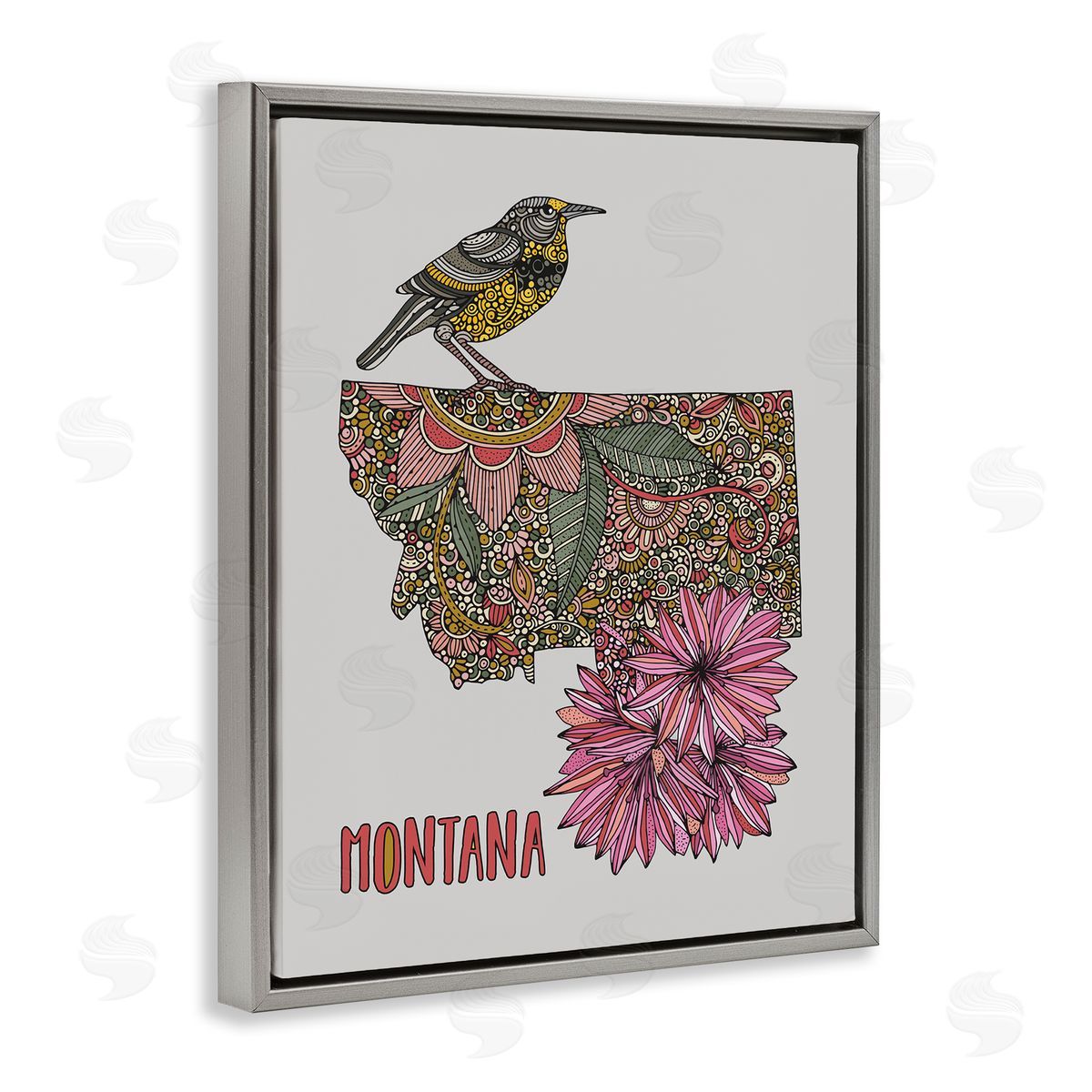 Floral Montana State Grey Floating Frame Canvas Wall Art, Home Decor by Valentina Harper
