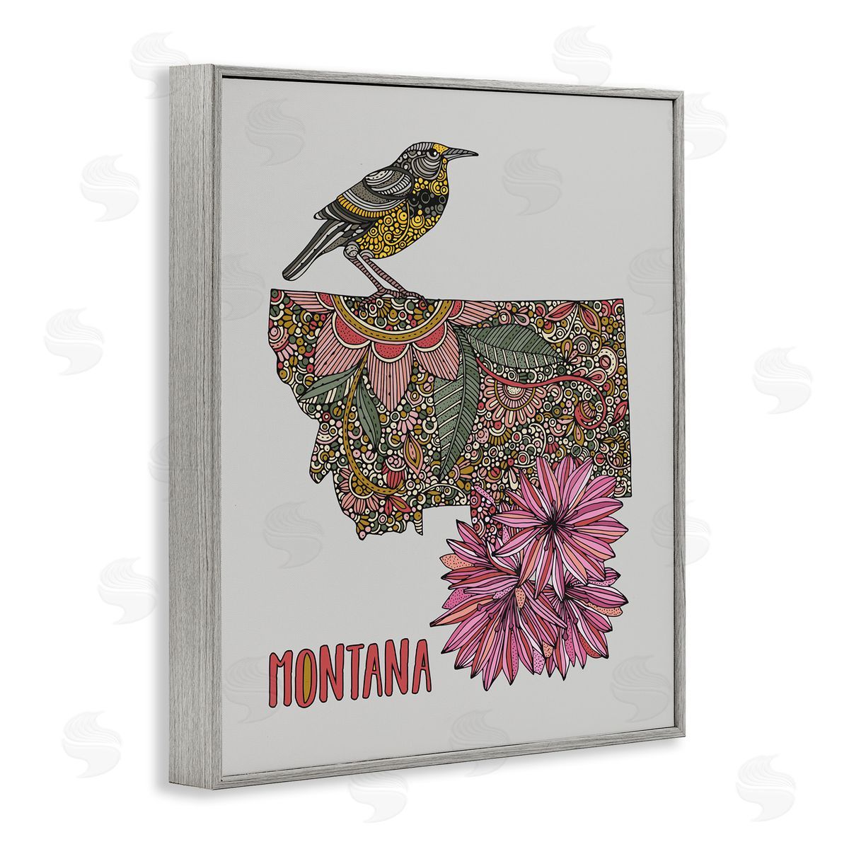 Floral Montana State Grey Frame Print Wall Art, Home Decor by Valentina Harper