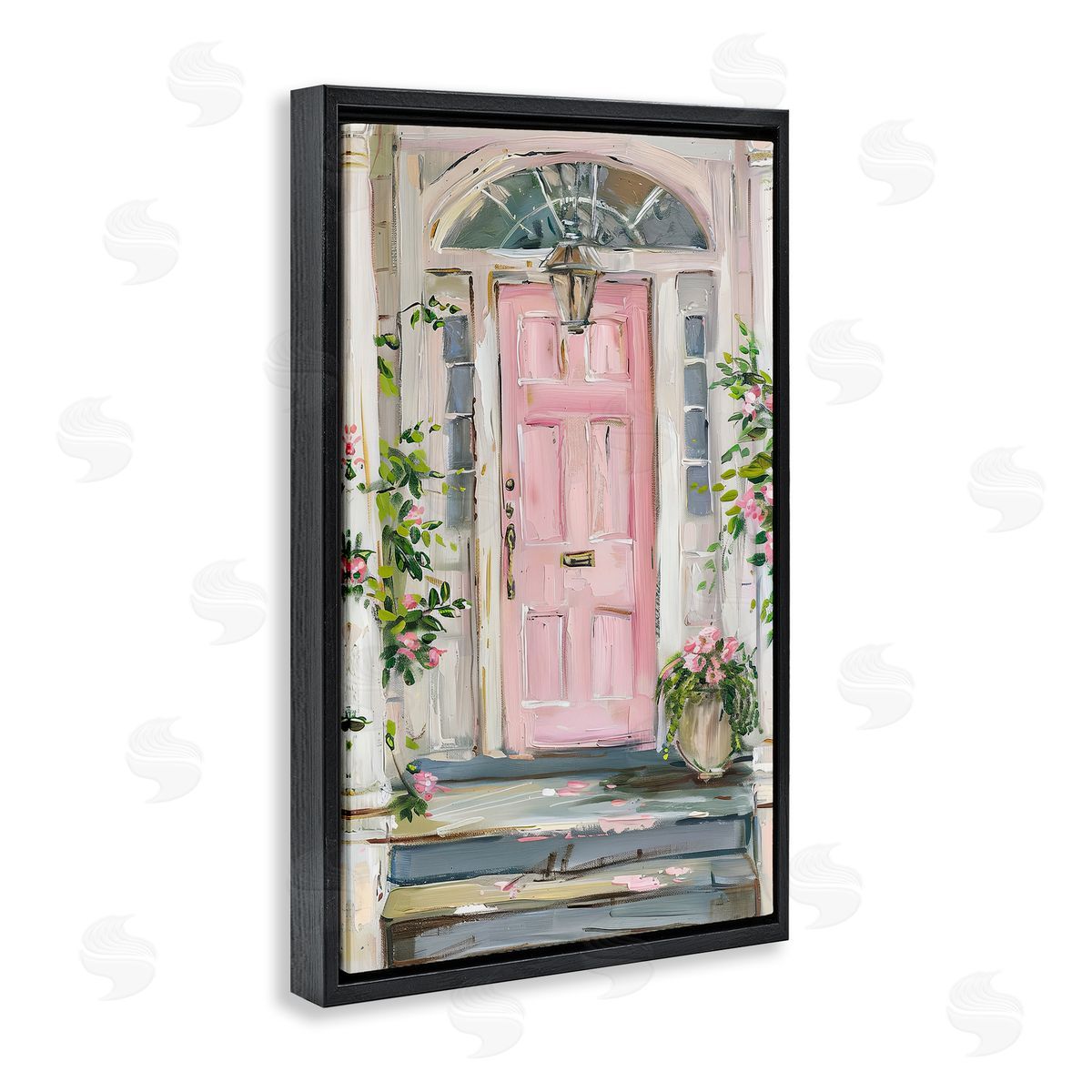 Pink Door Welcome Black Floating Frame Canvas Wall Art, Home Decor by Petal Prints Design