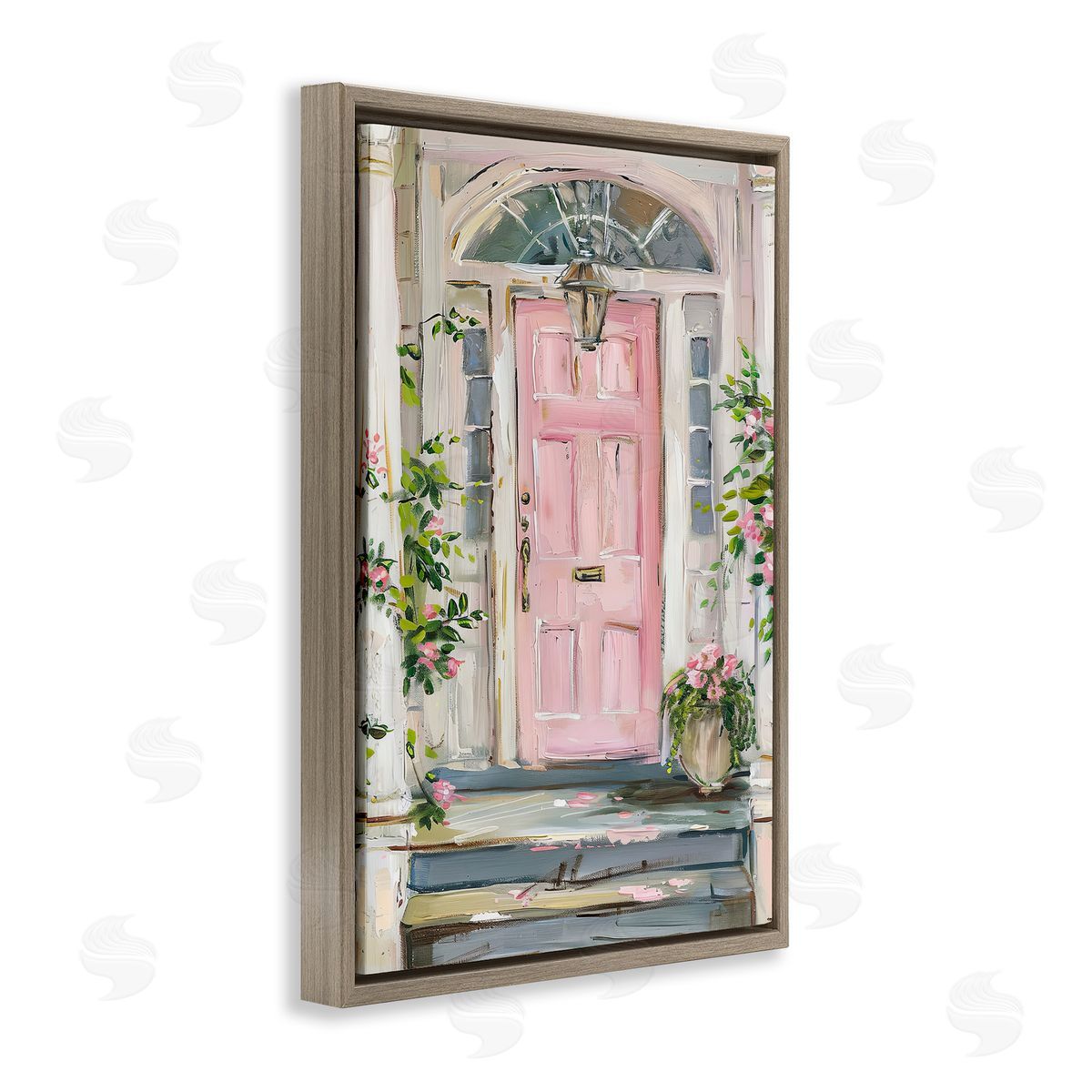 Pink Door Welcome Brown Floating Frame Canvas Wall Art, Home Decor by Petal Prints Design