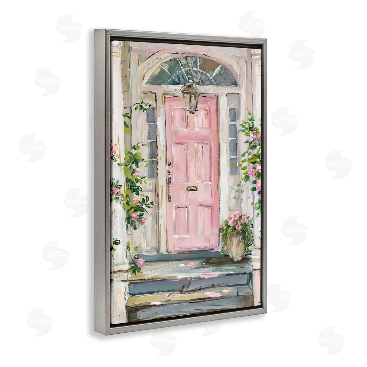Pink Door Welcome Grey Floating Frame Canvas Wall Art, Home Decor by Petal Prints Design