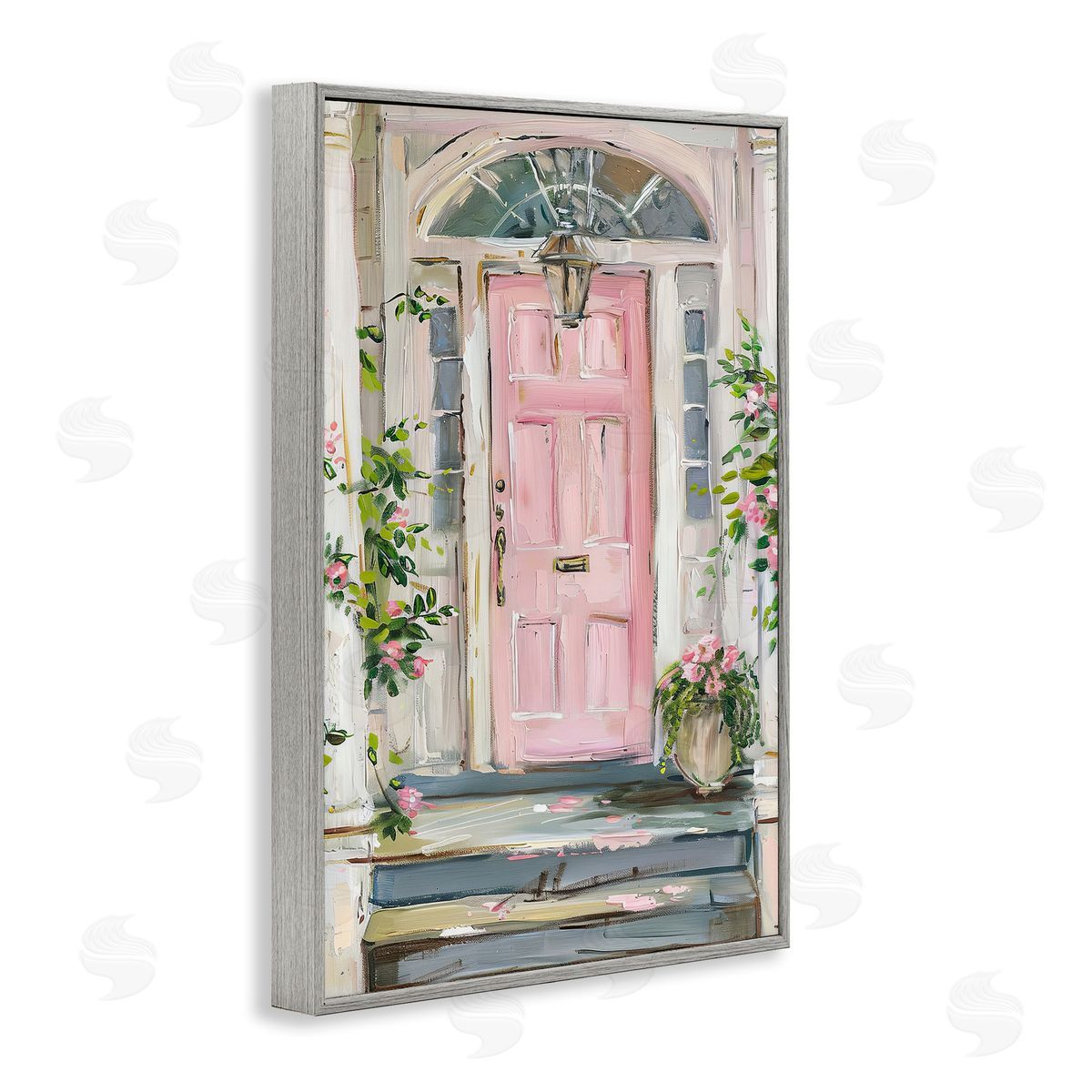 Pink Door Welcome Grey Frame Print Wall Art, Home Decor by Petal Prints Design