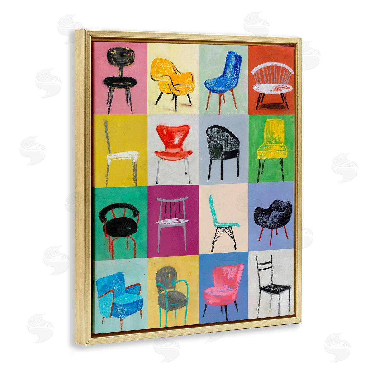 Lorenzo Collective Bright Modern Chairs Gold Floating Frame Canvas Wall Art Print