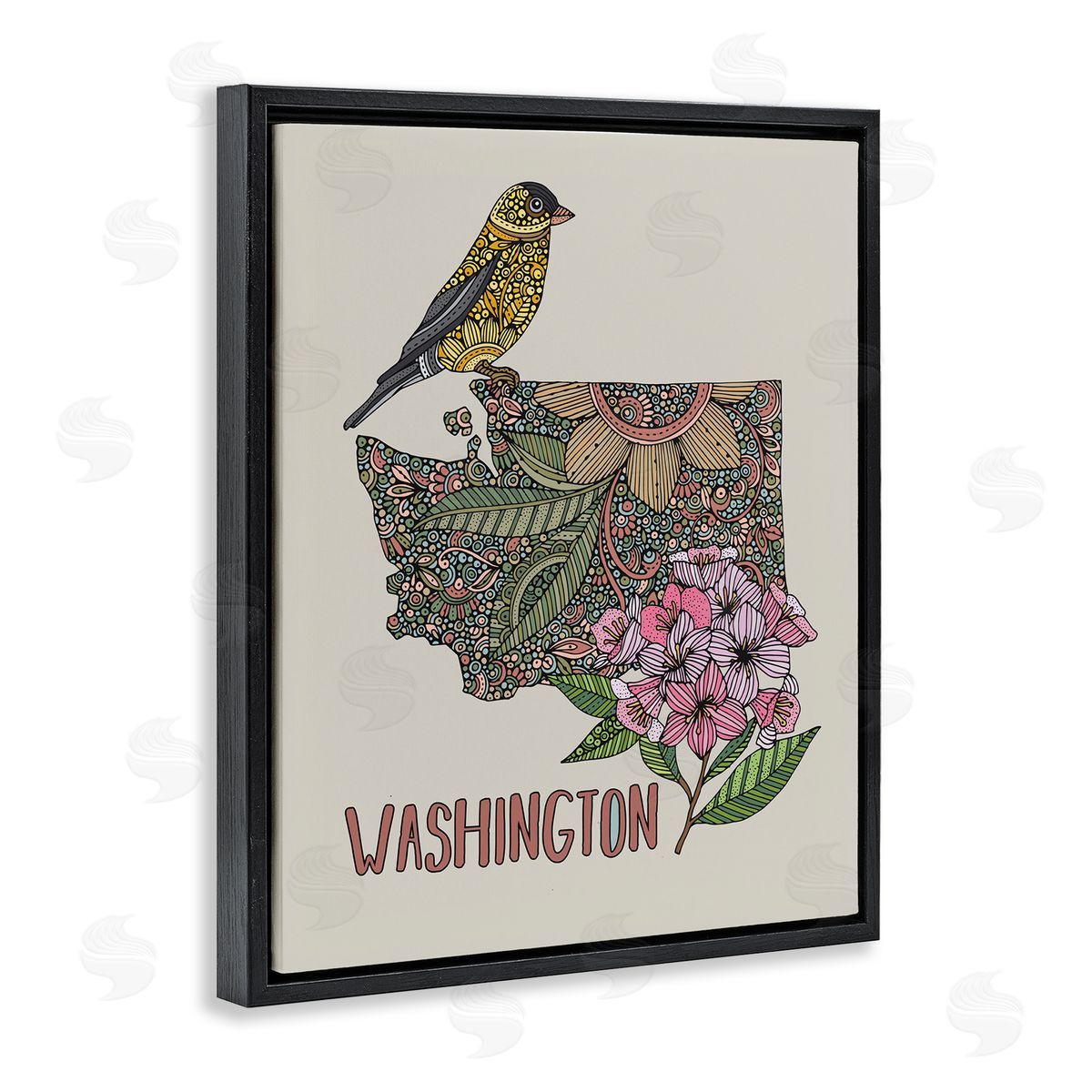 Floral Washington State Black Floating Frame Canvas Wall Art, Home Decor by Valentina Harper