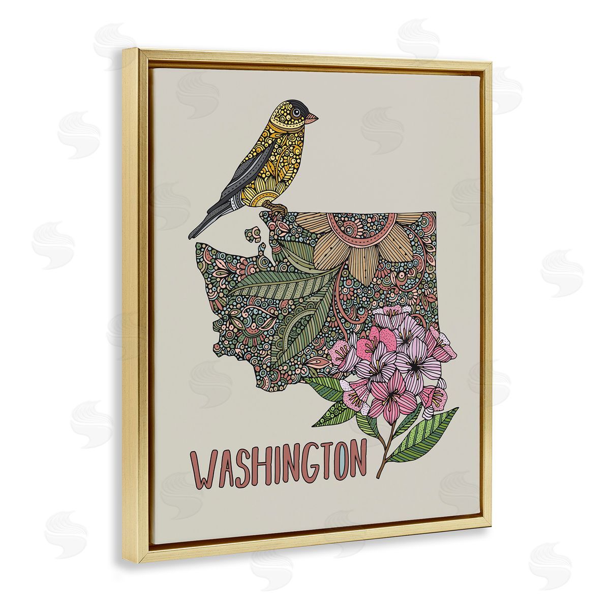 Floral Washington State Gold Floating Frame Canvas Wall Art, Home Decor by Valentina Harper