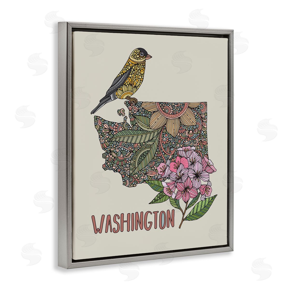 Floral Washington State Grey Floating Frame Canvas Wall Art, Home Decor by Valentina Harper