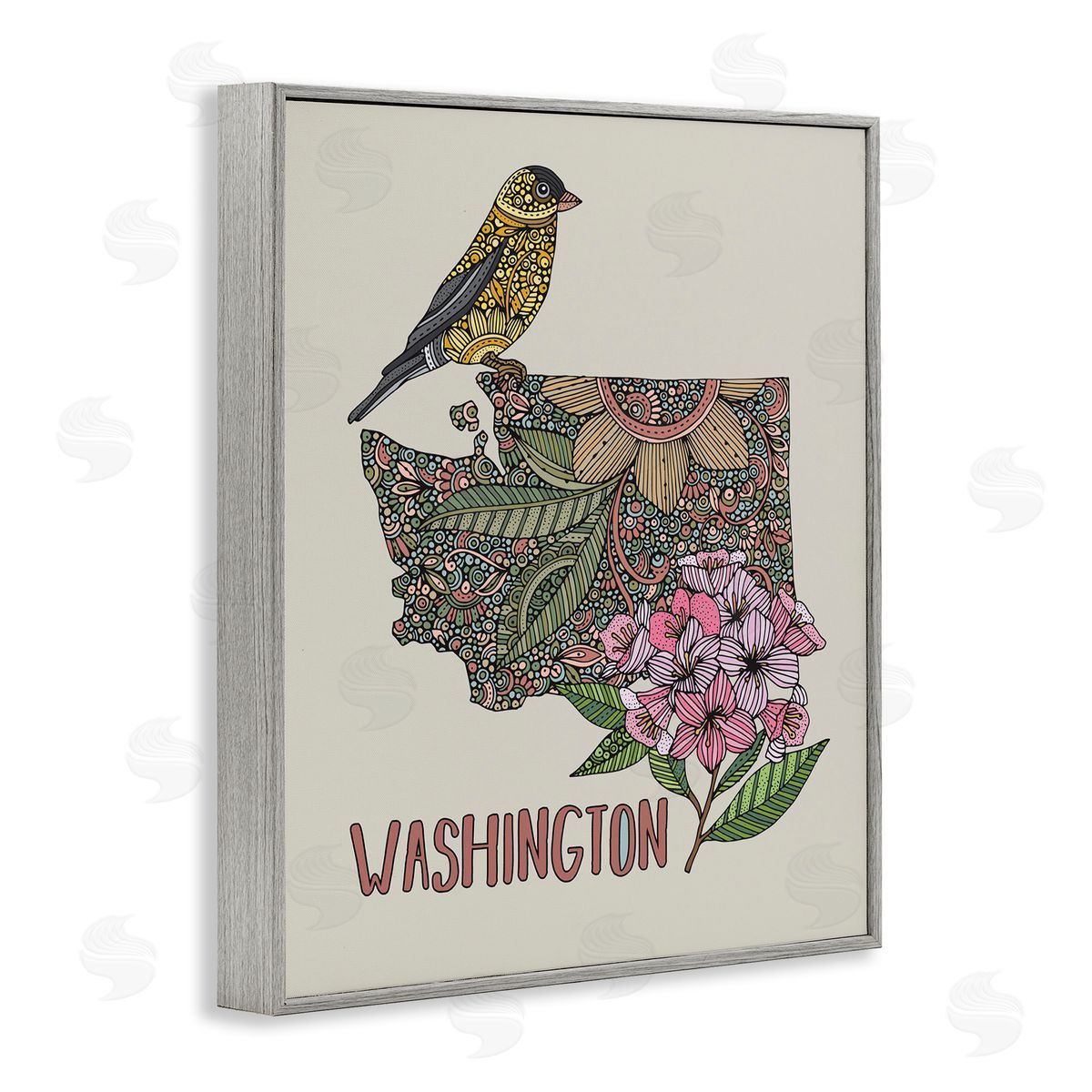 Floral Washington State Grey Frame Print Wall Art, Home Decor by Valentina Harper