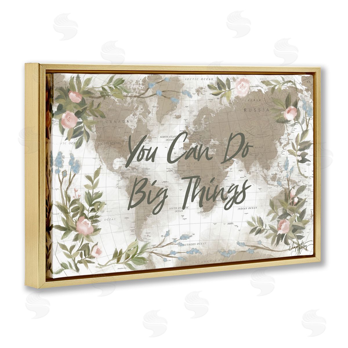 Elizabeth Medley Inspirational Floral Map Gold Floating Frame Canvas Wall Art Print