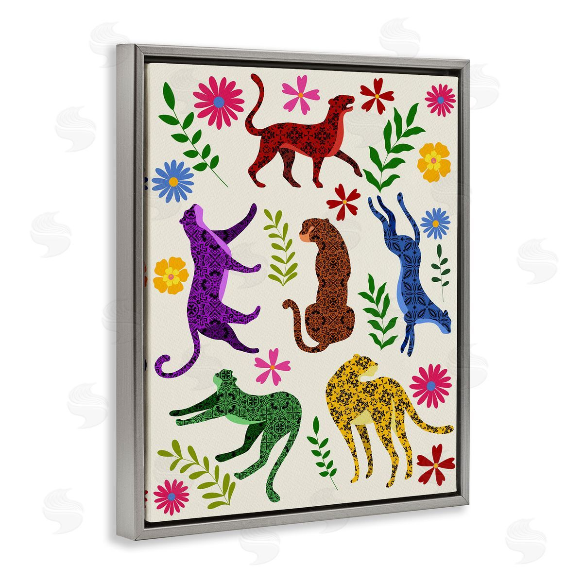 Mosaic Pattern Leopards Grey Floating Frame Canvas Wall Art, Home Decor by Regina Moore