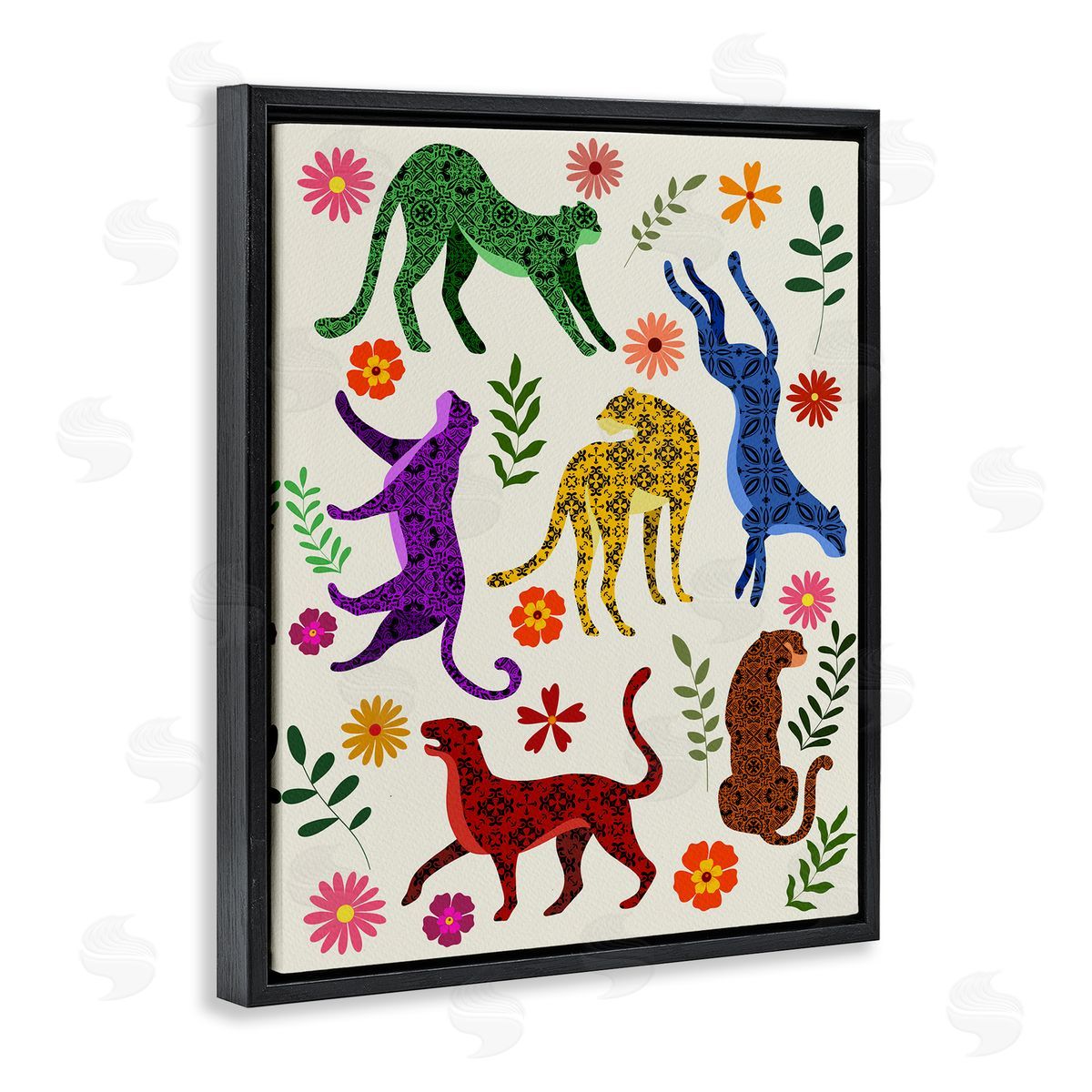 Boho Patterned Cheetahs Black Floating Frame Canvas Wall Art, Home Decor by Regina Moore