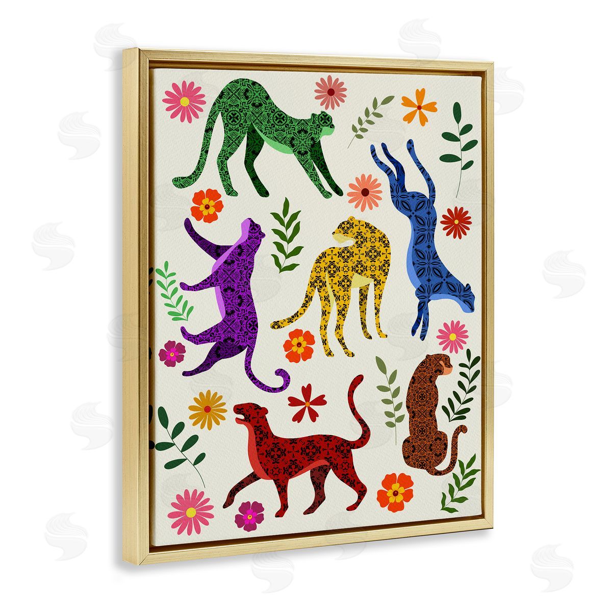 Boho Patterned Cheetahs Gold Floating Frame Canvas Wall Art, Home Decor by Regina Moore