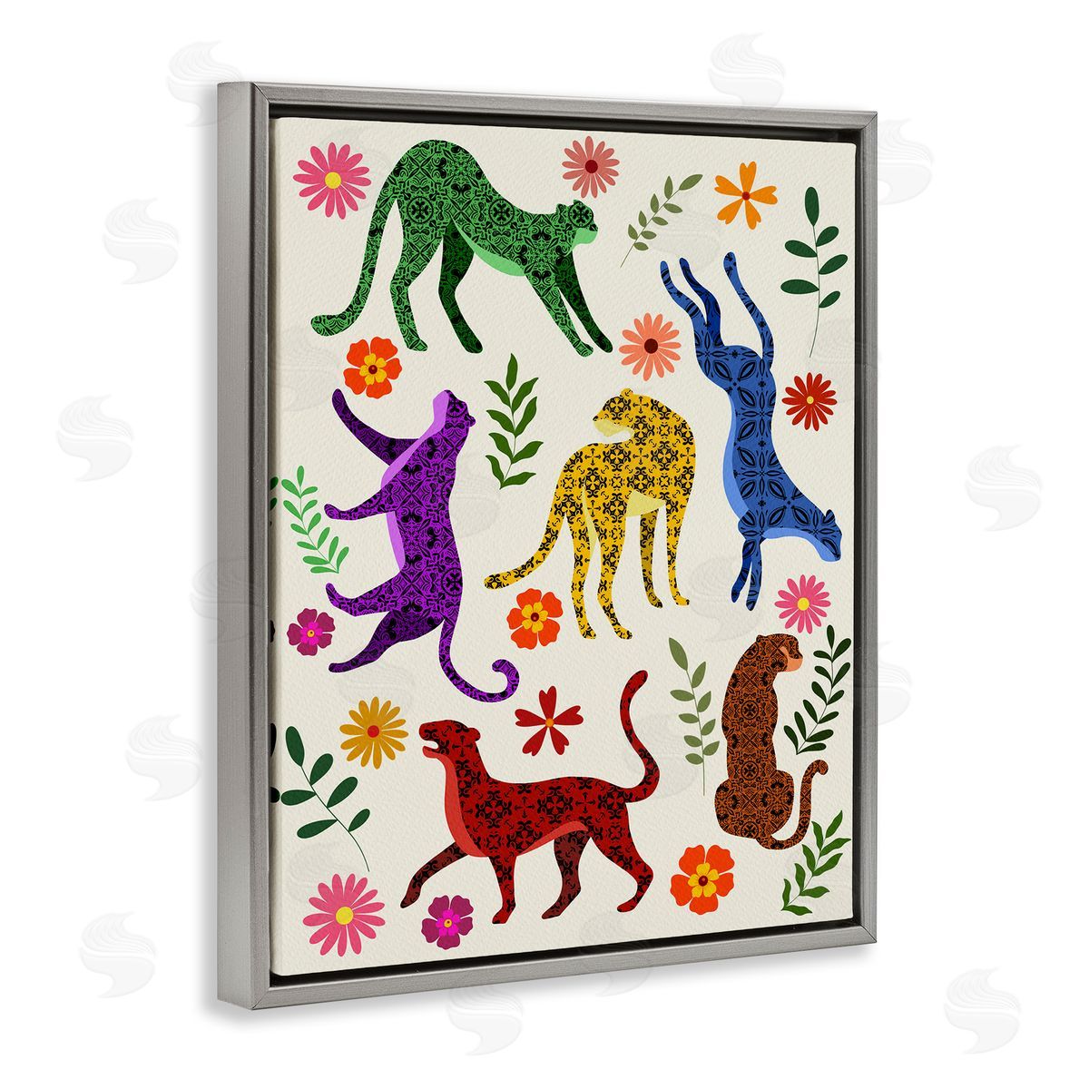 Boho Patterned Cheetahs Grey Floating Frame Canvas Wall Art, Home Decor by Regina Moore