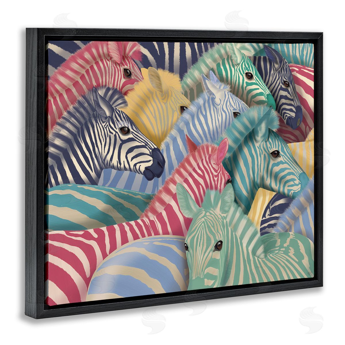 Fab Funky Modern Hued Zebras Black Floating Frame Canvas Wall Art Print
