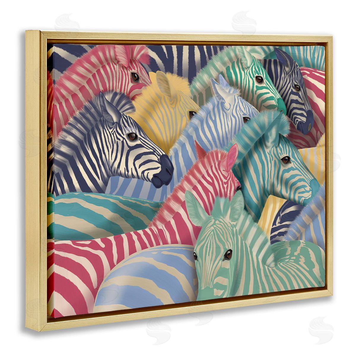 Fab Funky Modern Hued Zebras Gold Floating Frame Canvas Wall Art Print