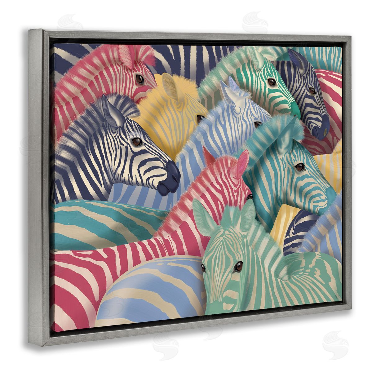 Fab Funky Modern Hued Zebras Gray Floating Frame Canvas Wall Art Print