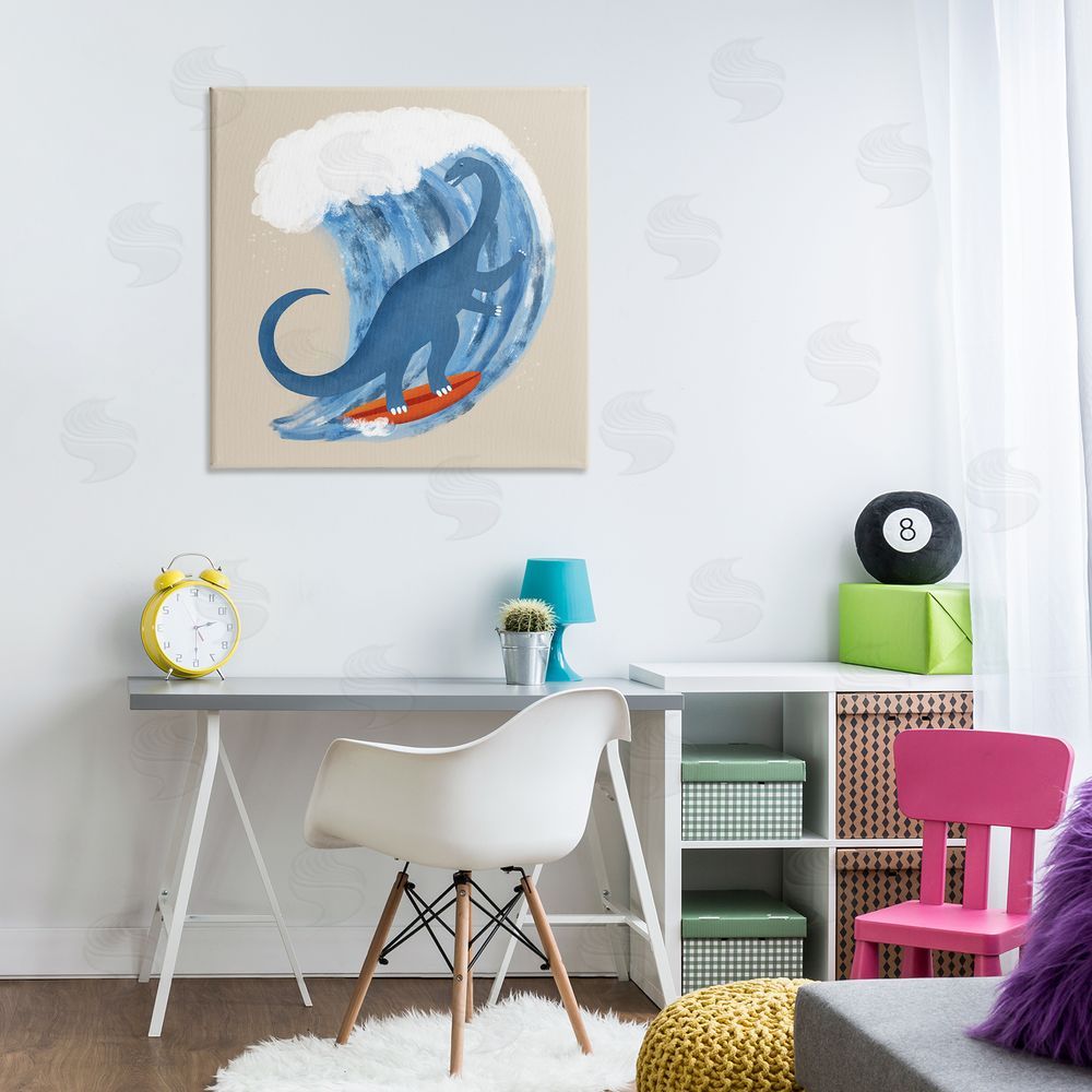 Carrie Cantwell Surfing Dino Brontosaurus Canvas Wall Art Print in Room