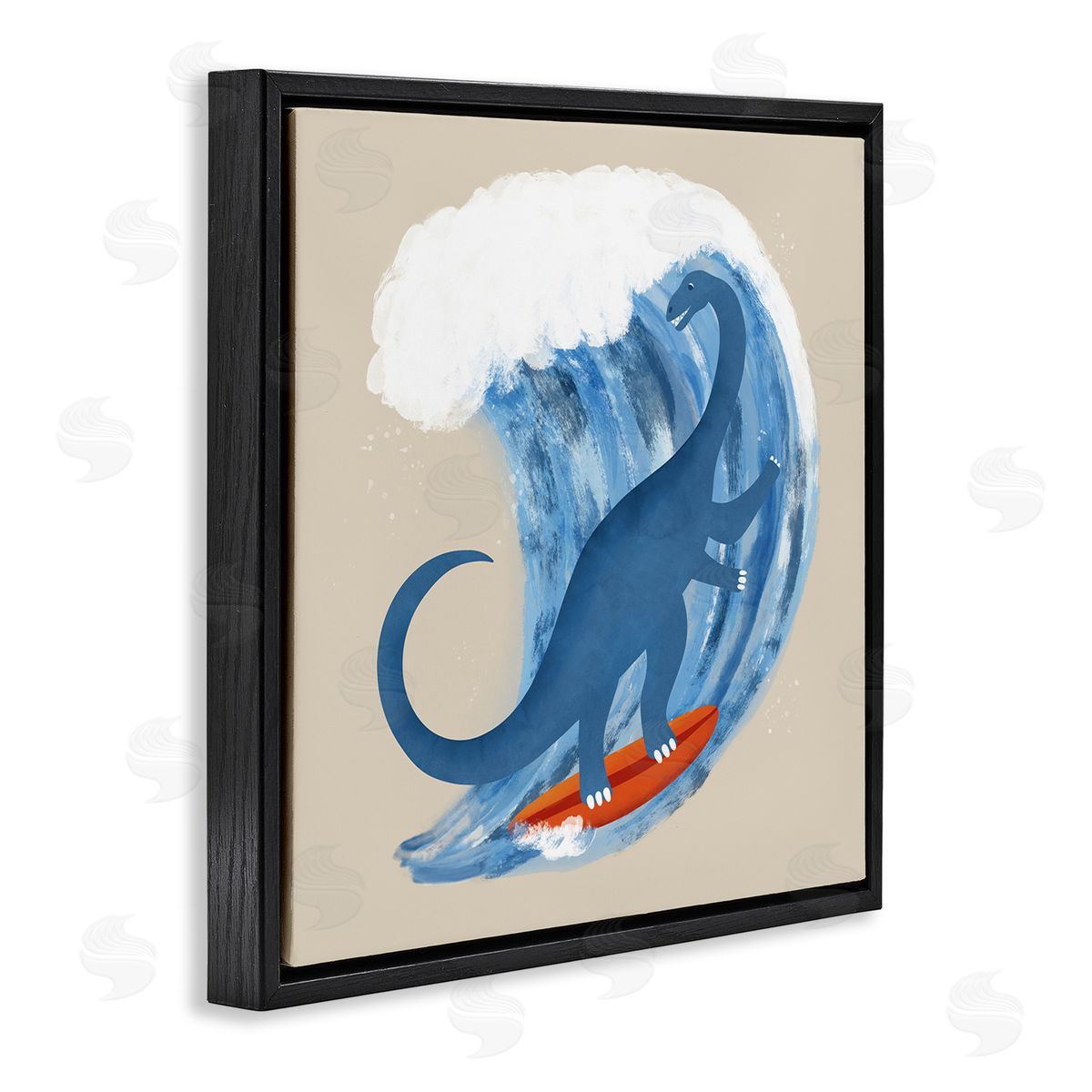 Carrie Cantwell Surfing Dino Brontosaurus Black Floating Frame Canvas Wall Art Print