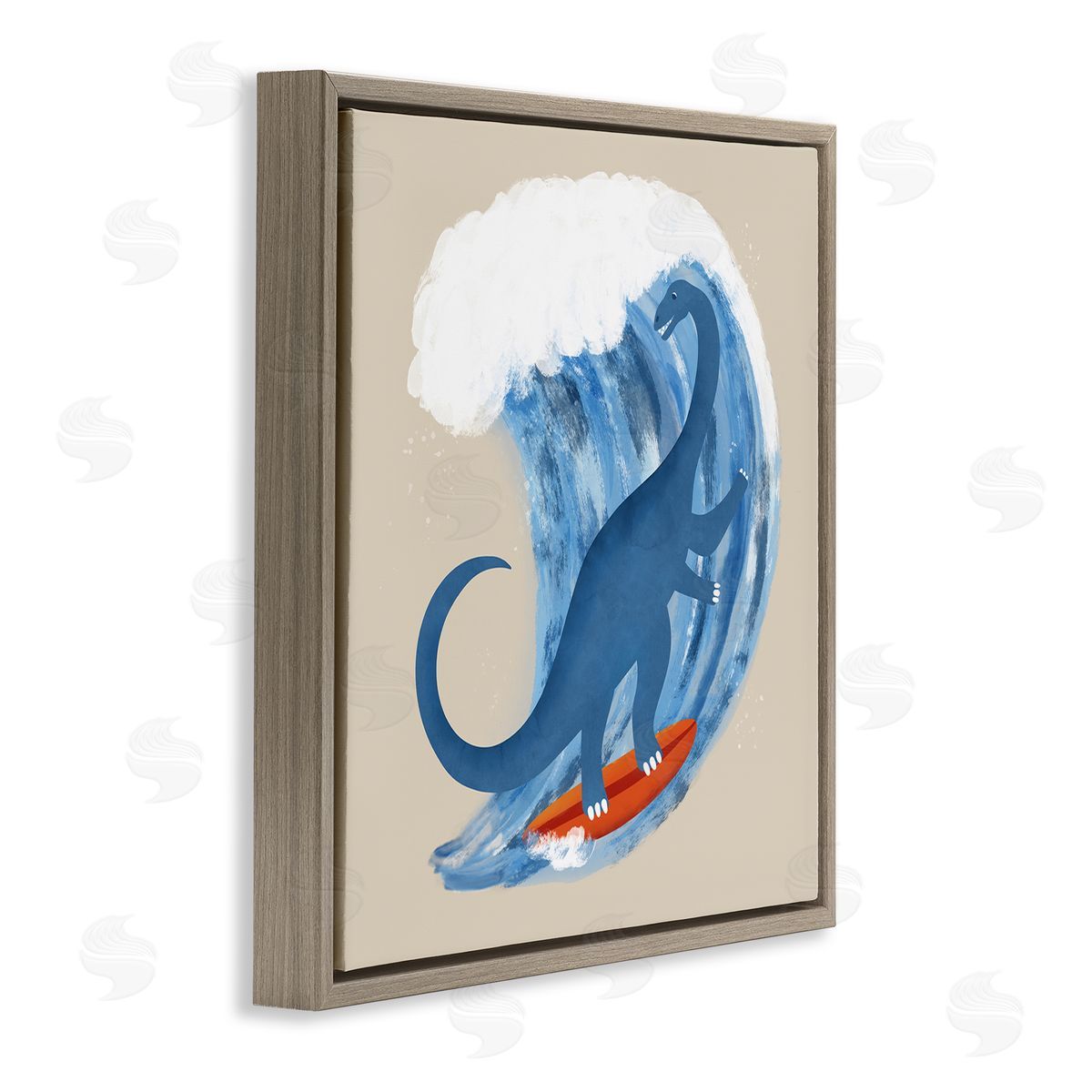 Carrie Cantwell Surfing Dino Brontosaurus Brown Floating Frame Canvas Wall Art Print