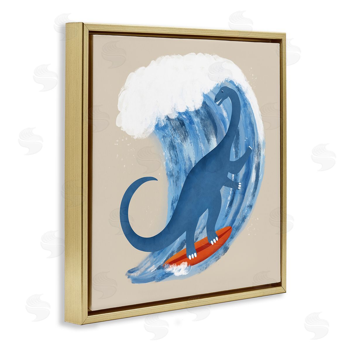 Carrie Cantwell Surfing Dino Brontosaurus Gold Floating Frame Canvas Wall Art Print