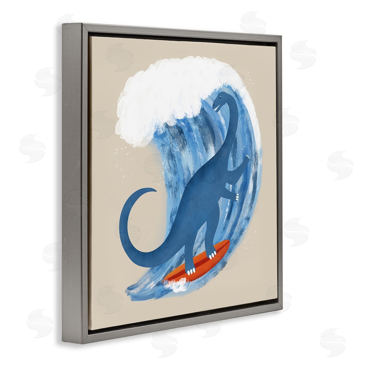 Carrie Cantwell Surfing Dino Brontosaurus Gray Floating Frame Canvas Wall Art Print