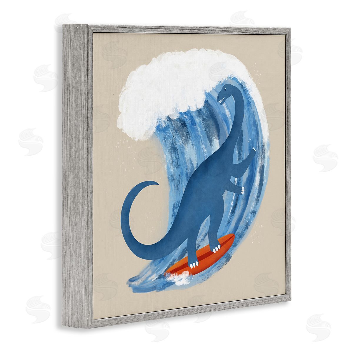 Carrie Cantwell Surfing Dino Brontosaurus Gray Framed Giclee Wall Art Print