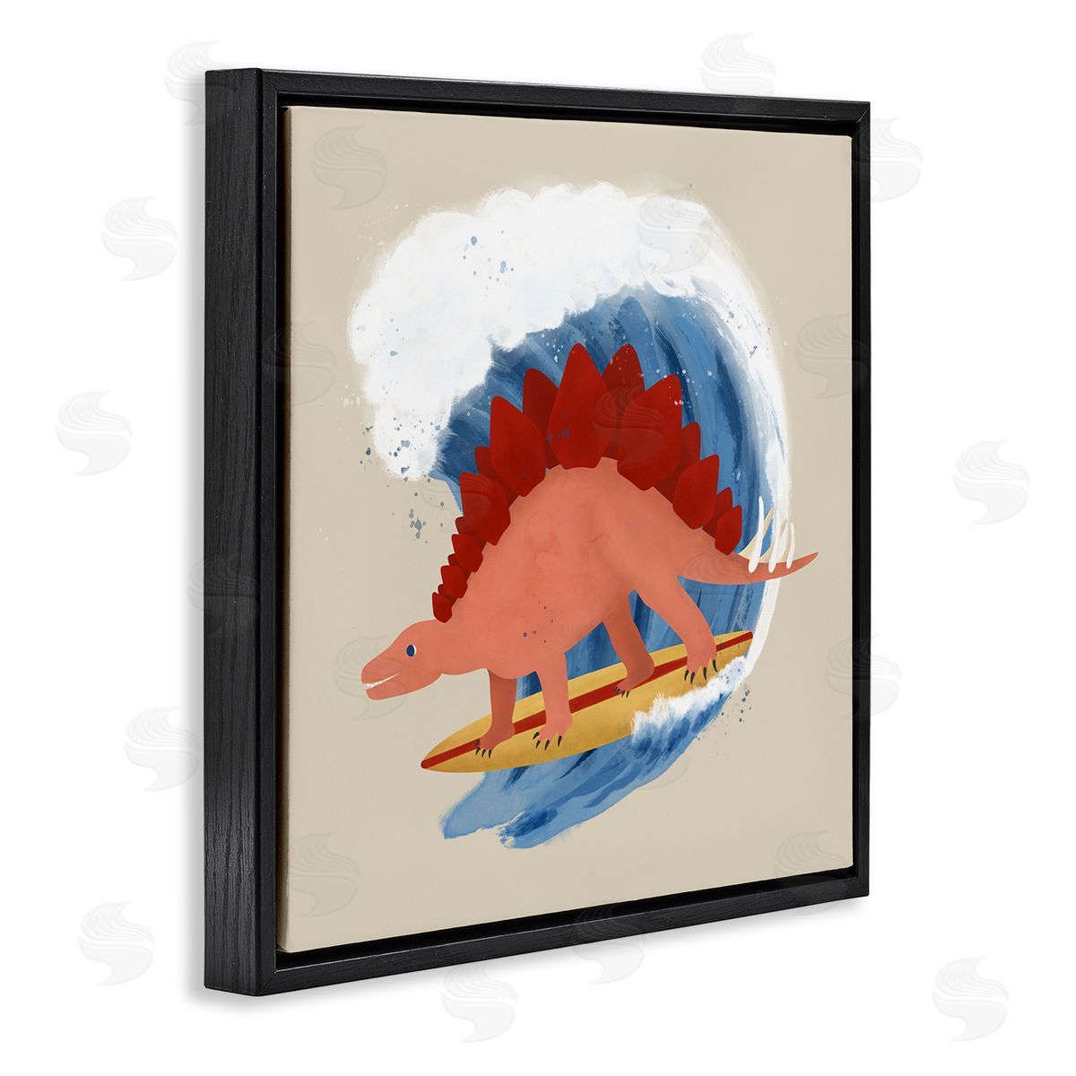 Carrie Cantwell Surfing Dino Stegosaurus Black Floating Frame Canvas Wall Art Print