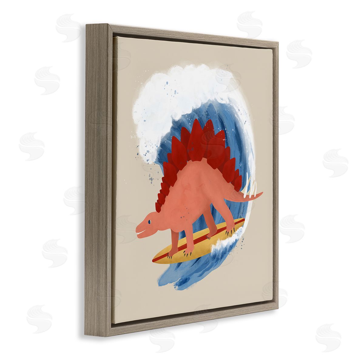 Carrie Cantwell Surfing Dino Stegosaurus Brown Floating Frame Canvas Wall Art Print