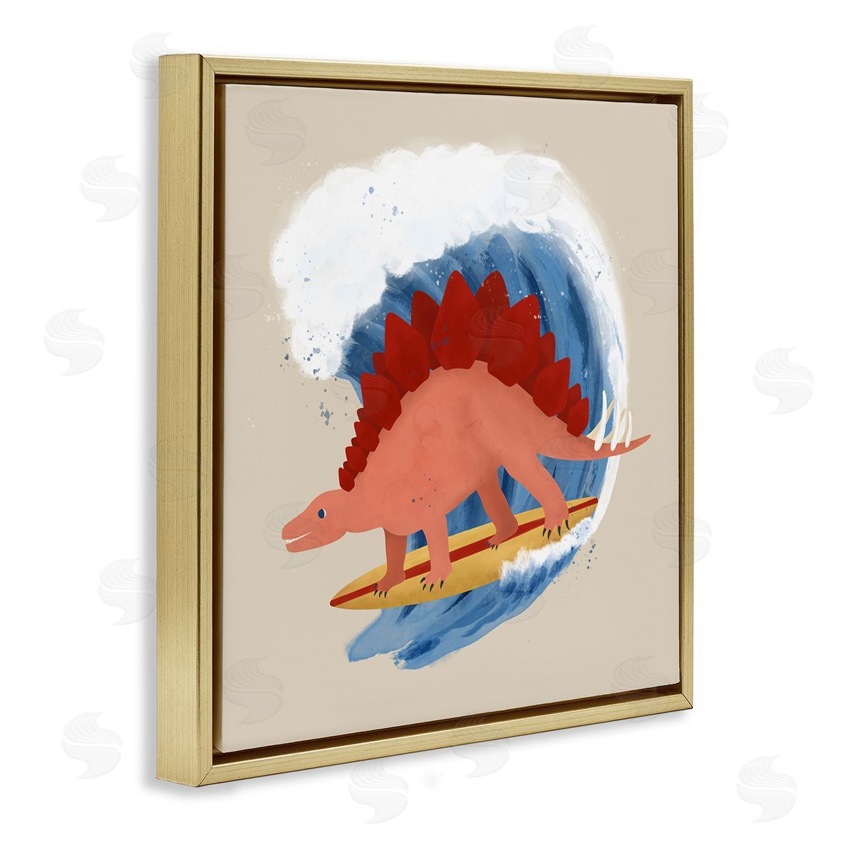 Carrie Cantwell Surfing Dino Stegosaurus Gold Floating Frame Canvas Wall Art Print