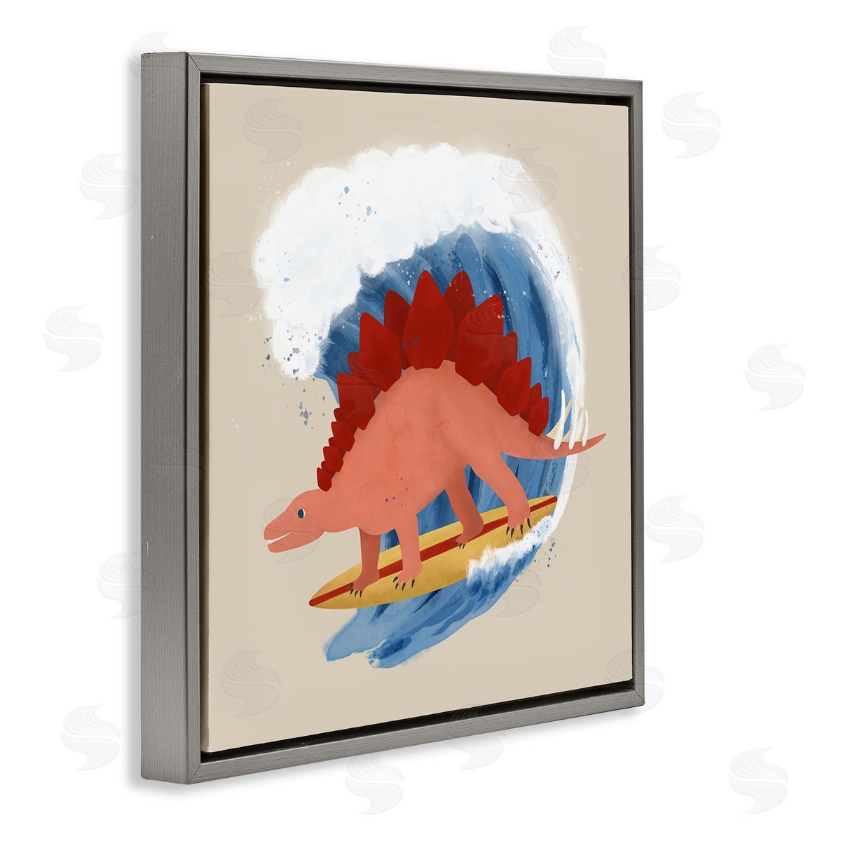 Carrie Cantwell Surfing Dino Stegosaurus Gray Floating Frame Canvas Wall Art Print