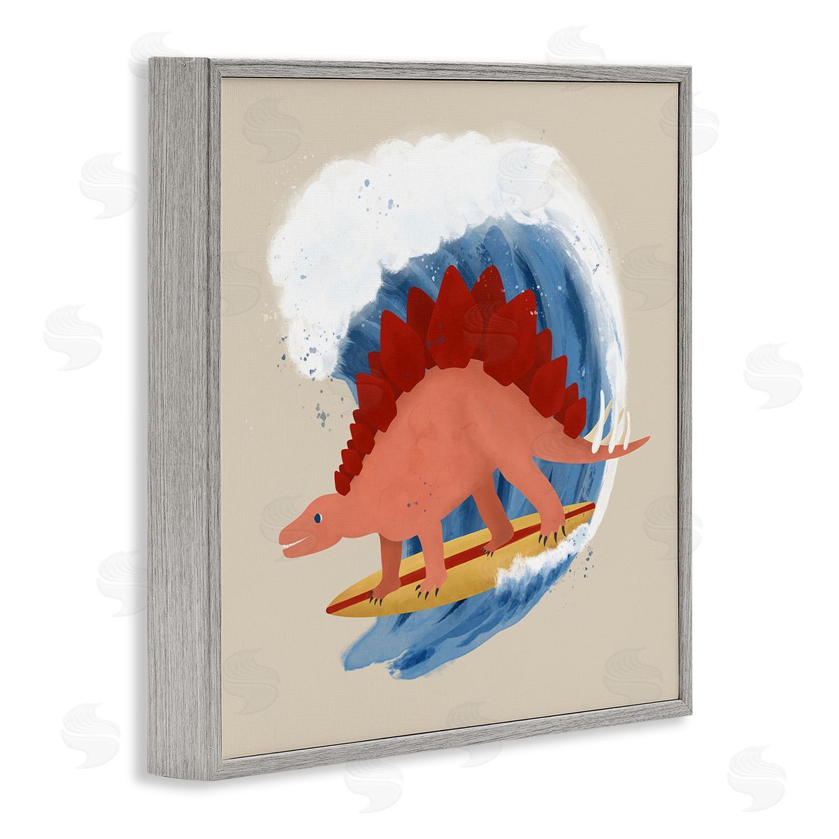 Carrie Cantwell Surfing Dino Stegosaurus Gray Framed Giclee Wall Art Print