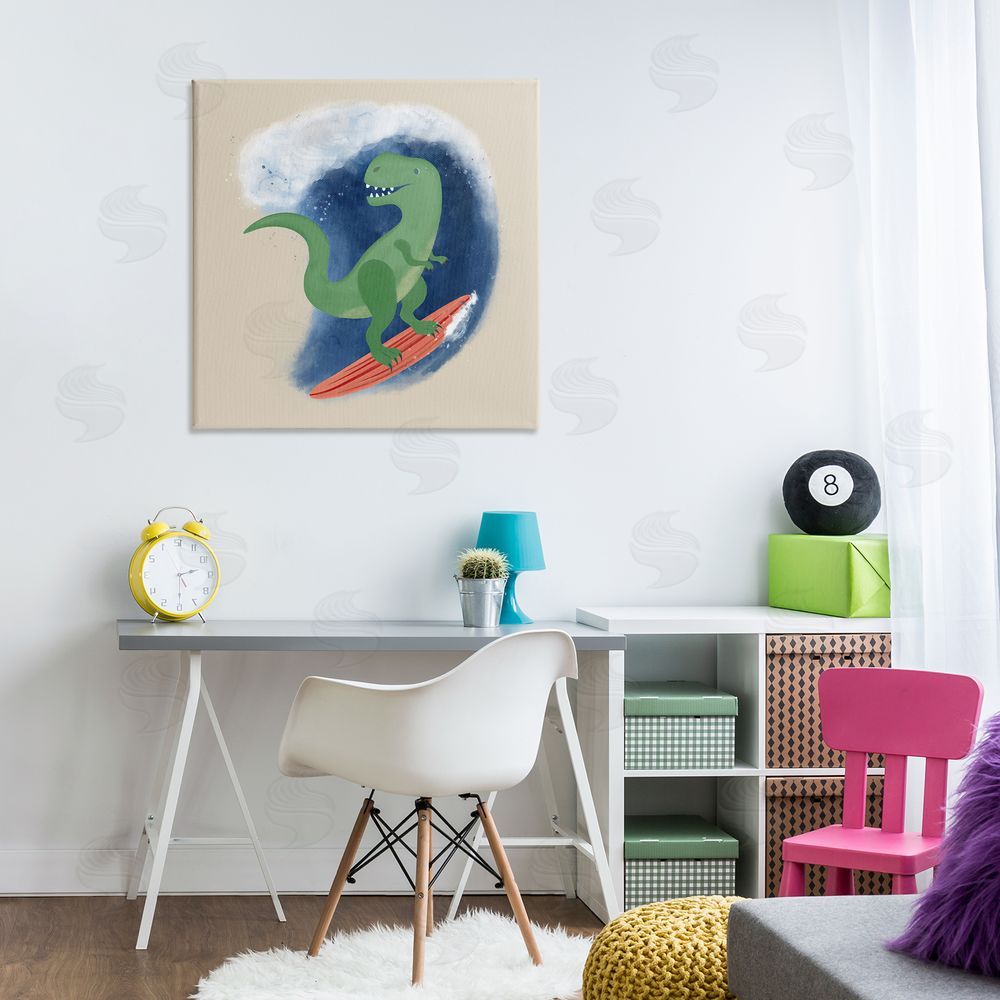Carrie Cantwell Surfing Dino T-Rex Canvas Wall Art Print in Room