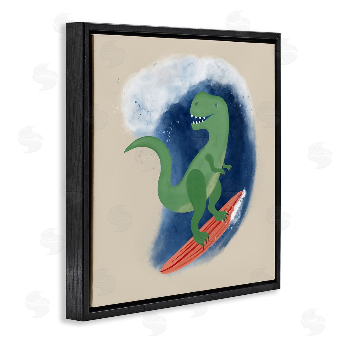 Carrie Cantwell Surfing Dino T-Rex Black Floating Frame Canvas Wall Art Print