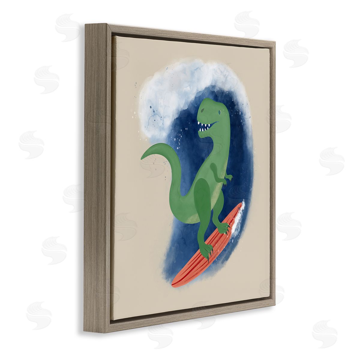 Carrie Cantwell Surfing Dino T-Rex Brown Floating Frame Canvas Wall Art Print