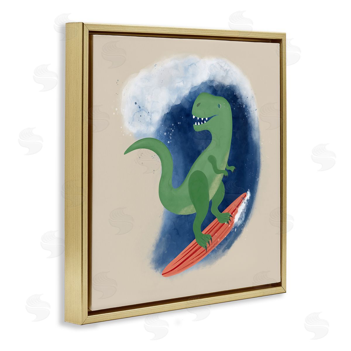 Carrie Cantwell Surfing Dino T-Rex Gold Floating Frame Canvas Wall Art Print