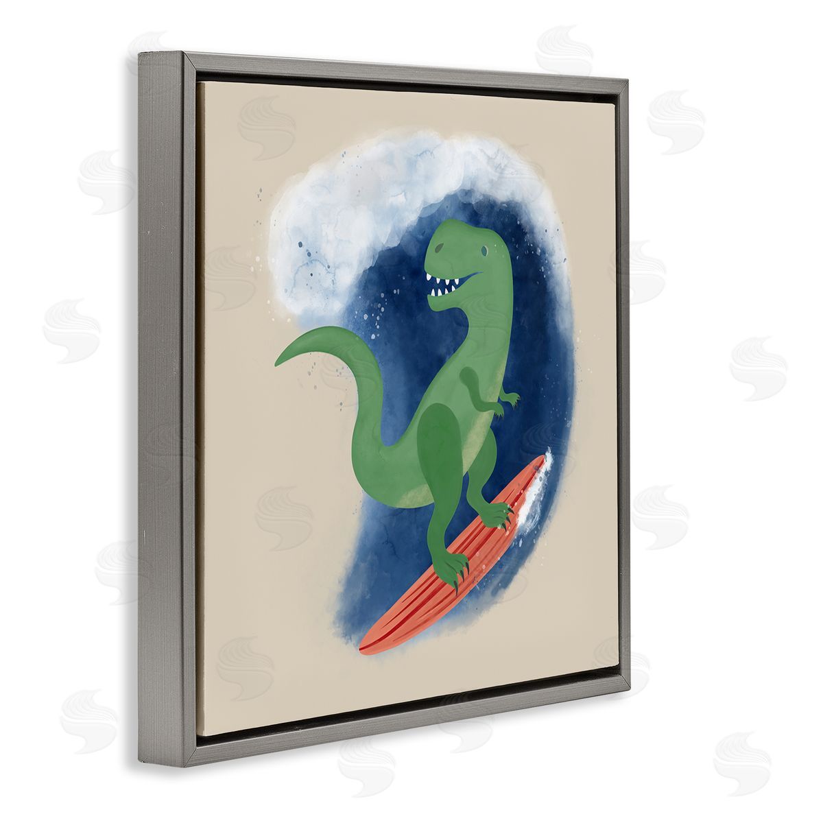 Carrie Cantwell Surfing Dino T-Rex Gray Floating Frame Canvas Wall Art Print