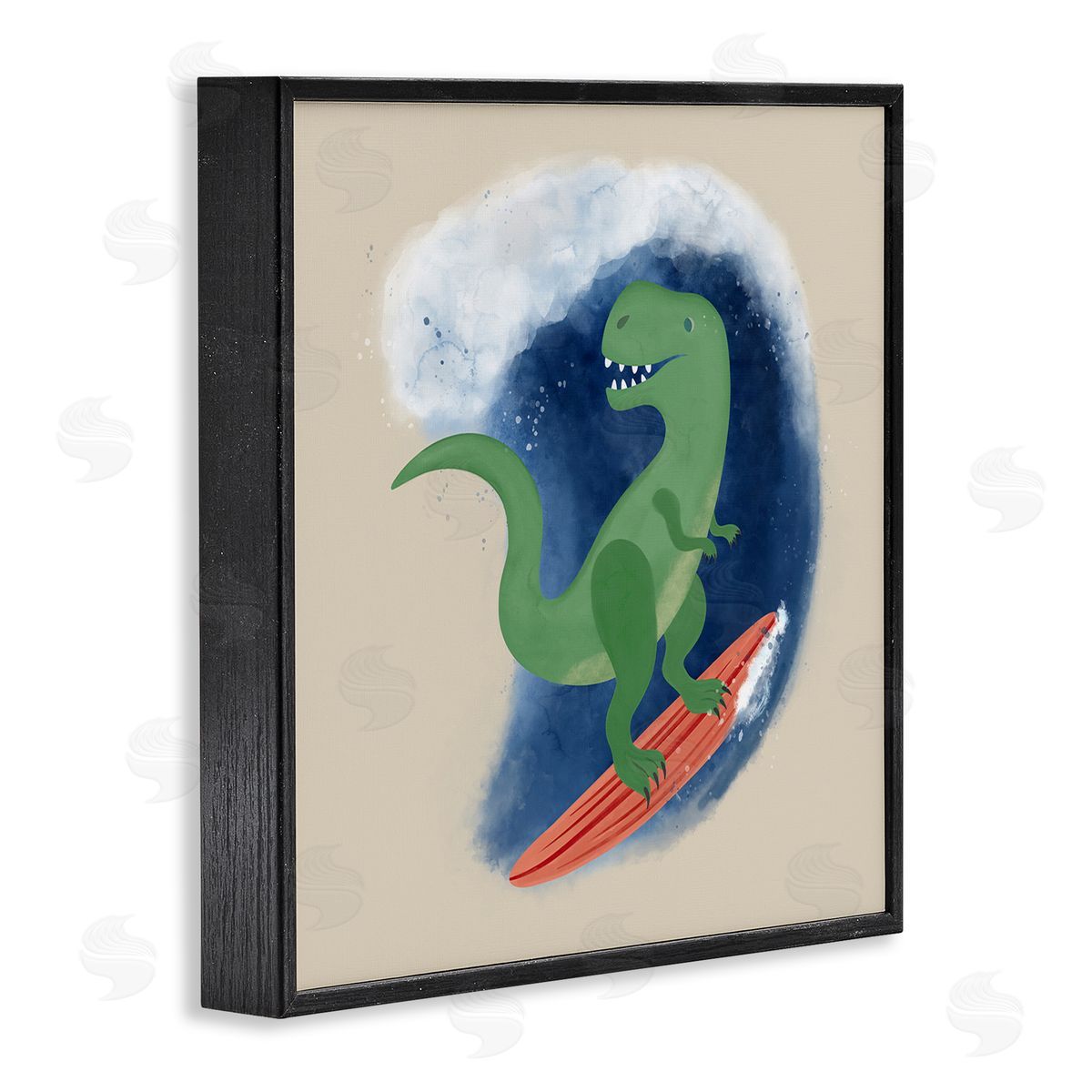 Carrie Cantwell Surfing Dino T-Rex Black Framed Giclee Wall Art Print