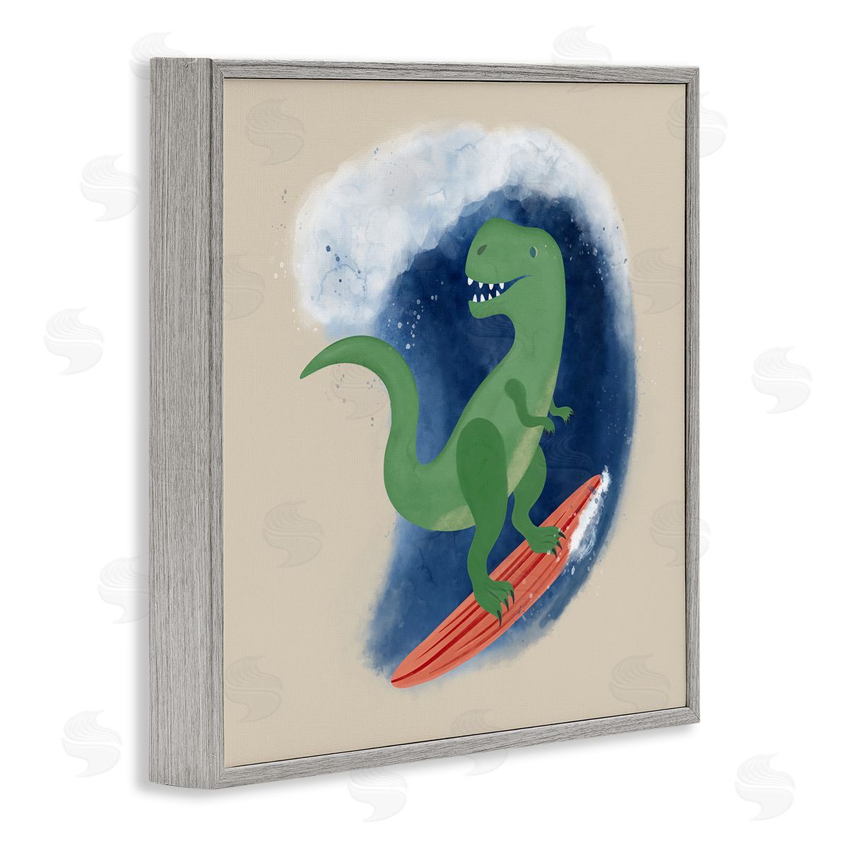 Carrie Cantwell Surfing Dino T-Rex Gray Framed Giclee Wall Art Print