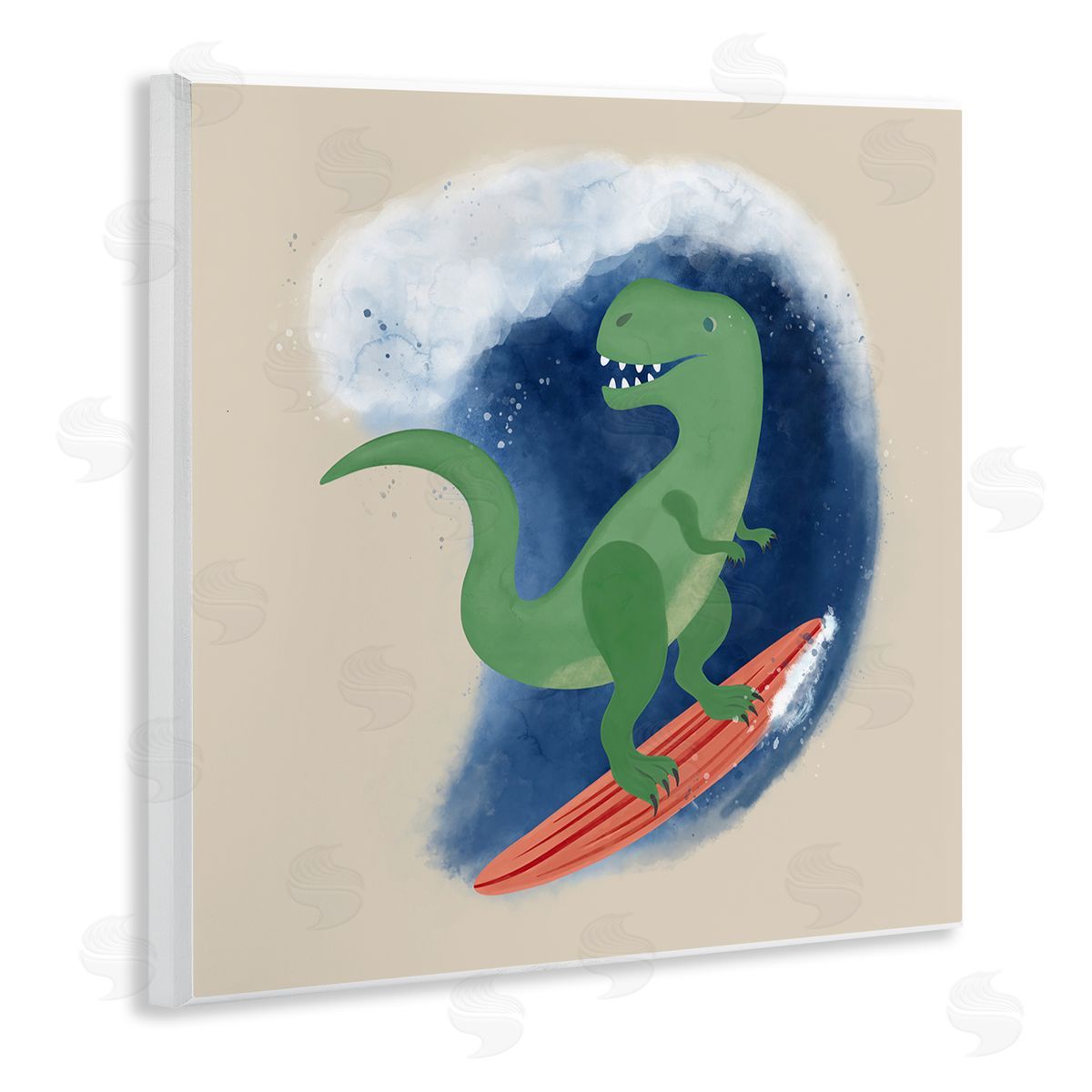Carrie Cantwell Surfing Dino T-Rex Wooden Wall Plaque Art Print