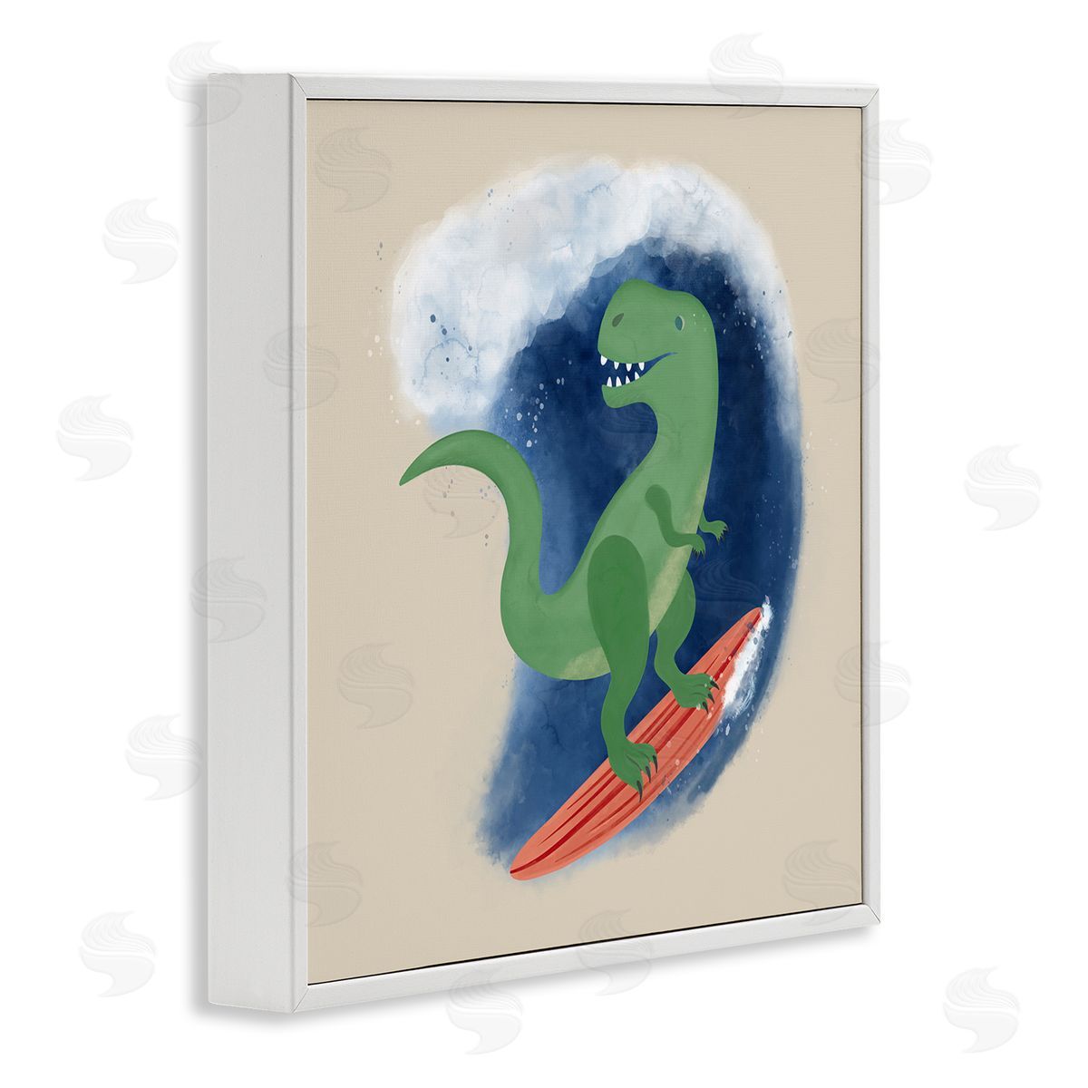 Carrie Cantwell Surfing Dino T-Rex White Framed Giclee Wall Art Print