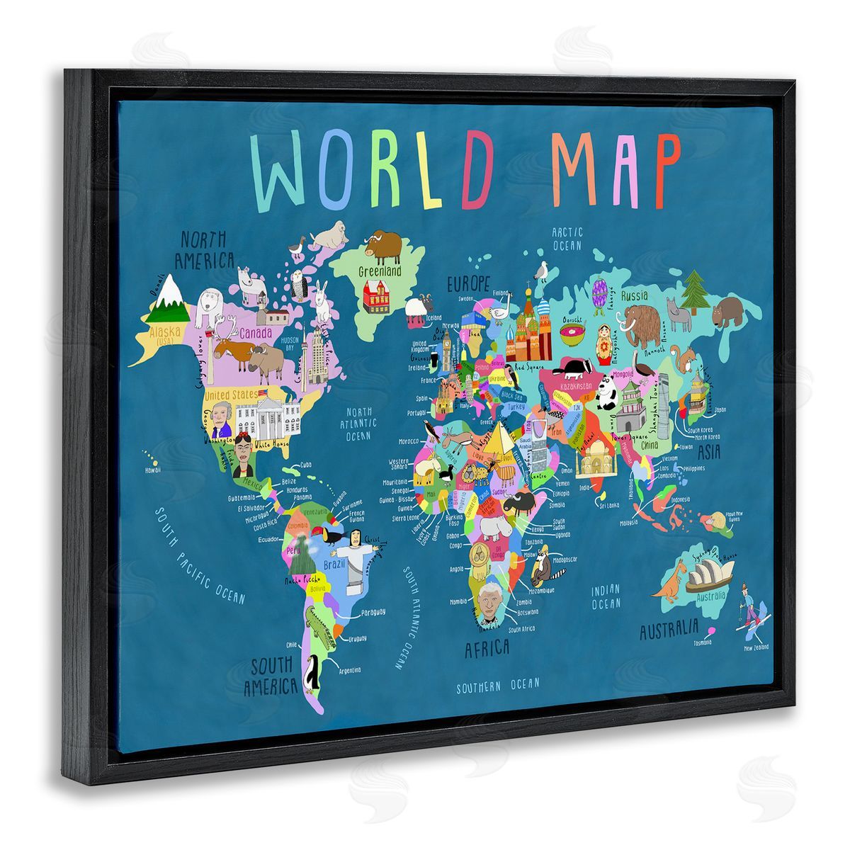 Carla Daly World Map with Landmarks Black Floating Frame Canvas Wall Art Print