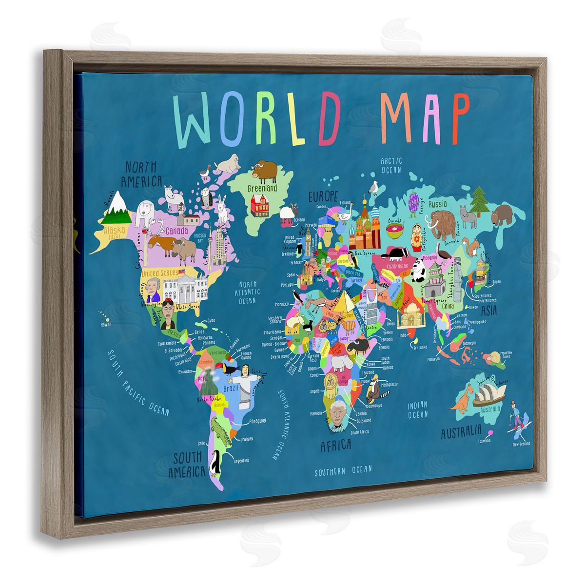 Carla Daly World Map with Landmarks Brown Floating Frame Canvas Wall Art Print