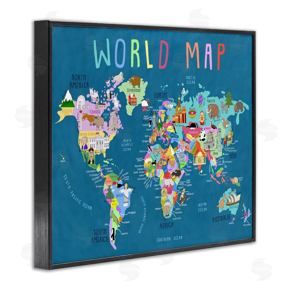 Carla Daly World Map with Landmarks Black Framed Giclee Wall Art Print