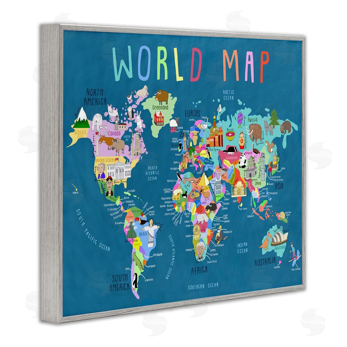 Carla Daly World Map with Landmarks Gray Framed Giclee Wall Art Print