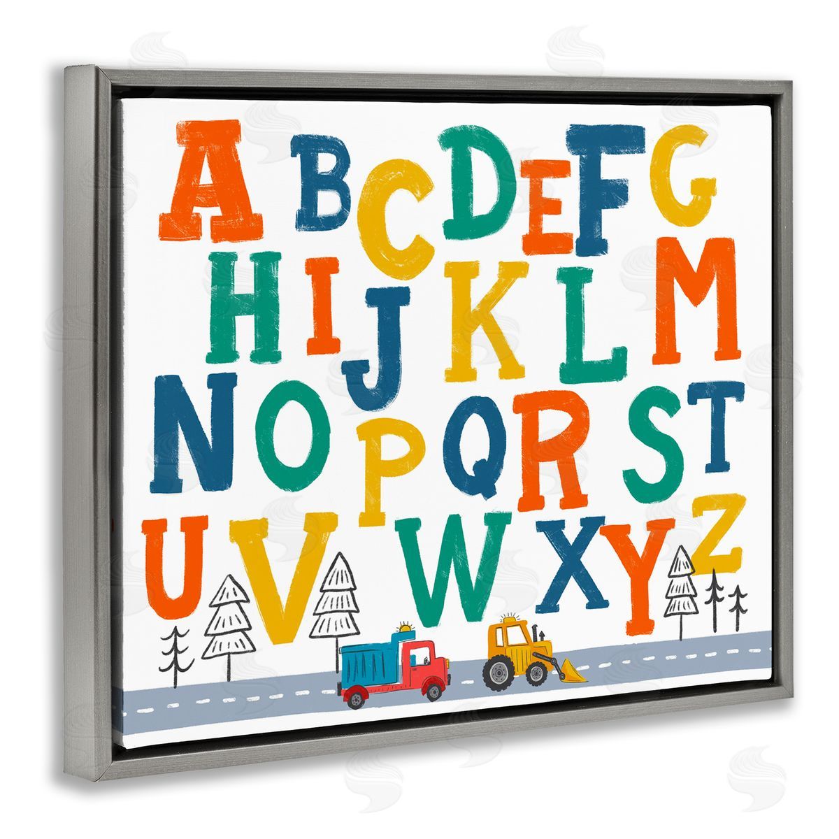 Diane Labombarbe Alphabet & Construction Trucks Gray Floating Frame Canvas Wall Art Print