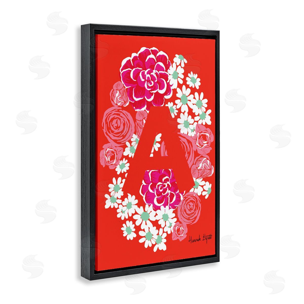 Floral Bloom Letter A Black Floating Frame Canvas Wall Art, Home Decor by Hannah Louise Byatt
