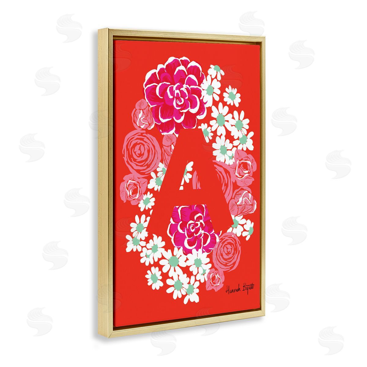 Floral Bloom Letter A Gold Floating Frame Canvas Wall Art, Home Decor by Hannah Louise Byatt
