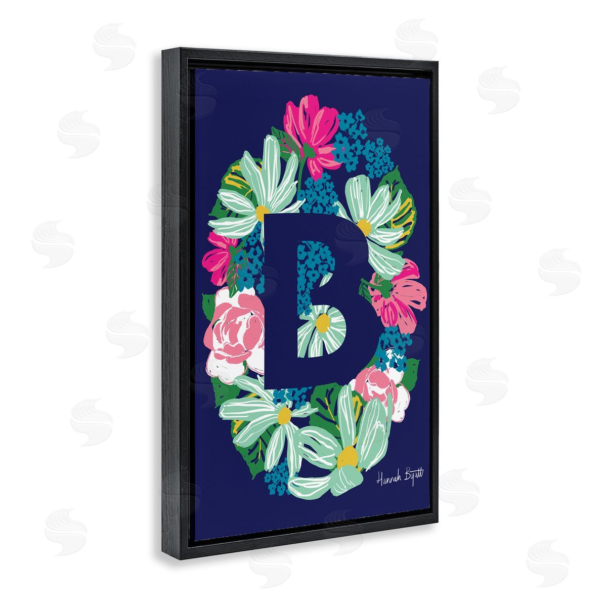Floral Bloom Letter B Black Floating Frame Canvas Wall Art, Home Decor by Hannah Louise Byatt