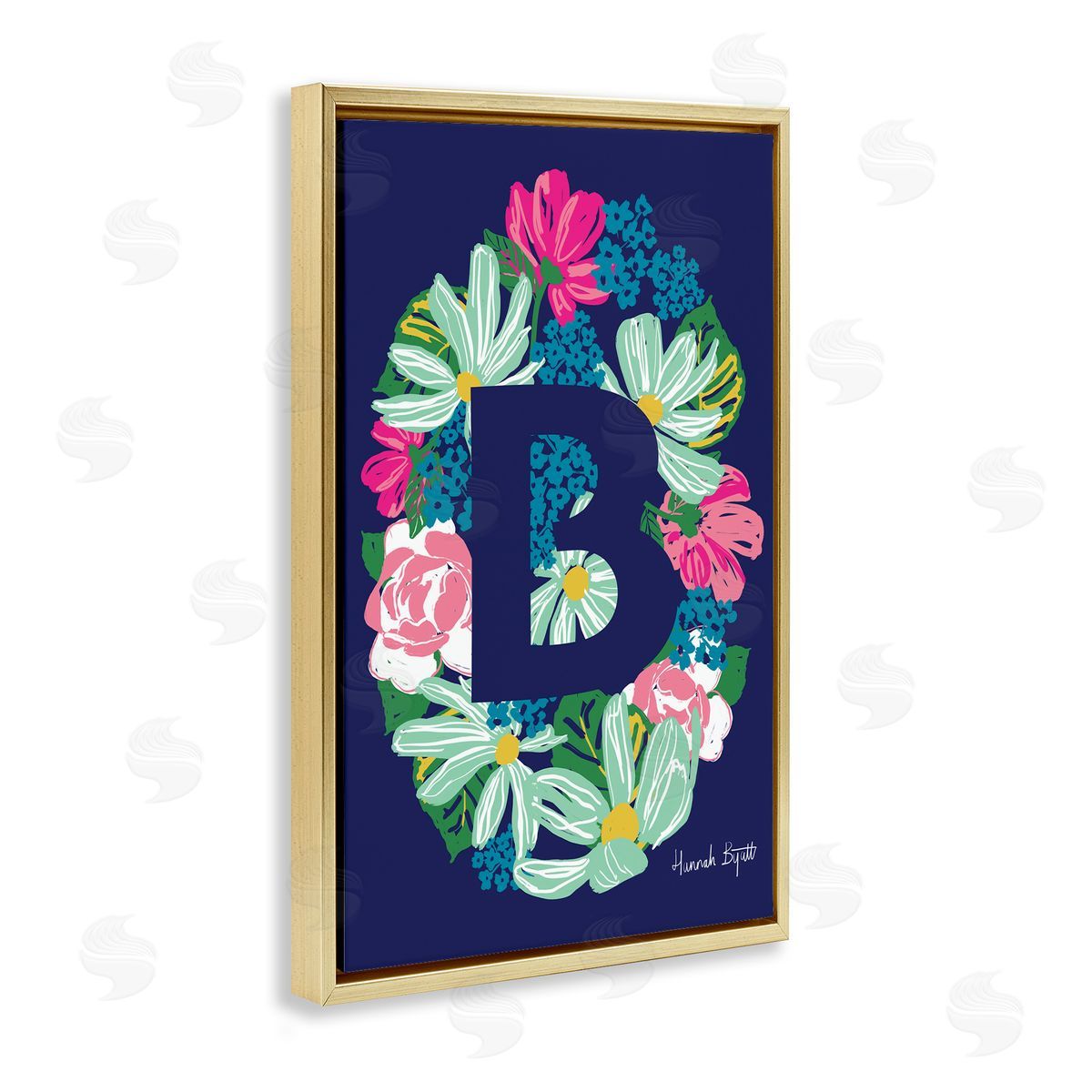 Floral Bloom Letter B Gold Floating Frame Canvas Wall Art, Home Decor by Hannah Louise Byatt
