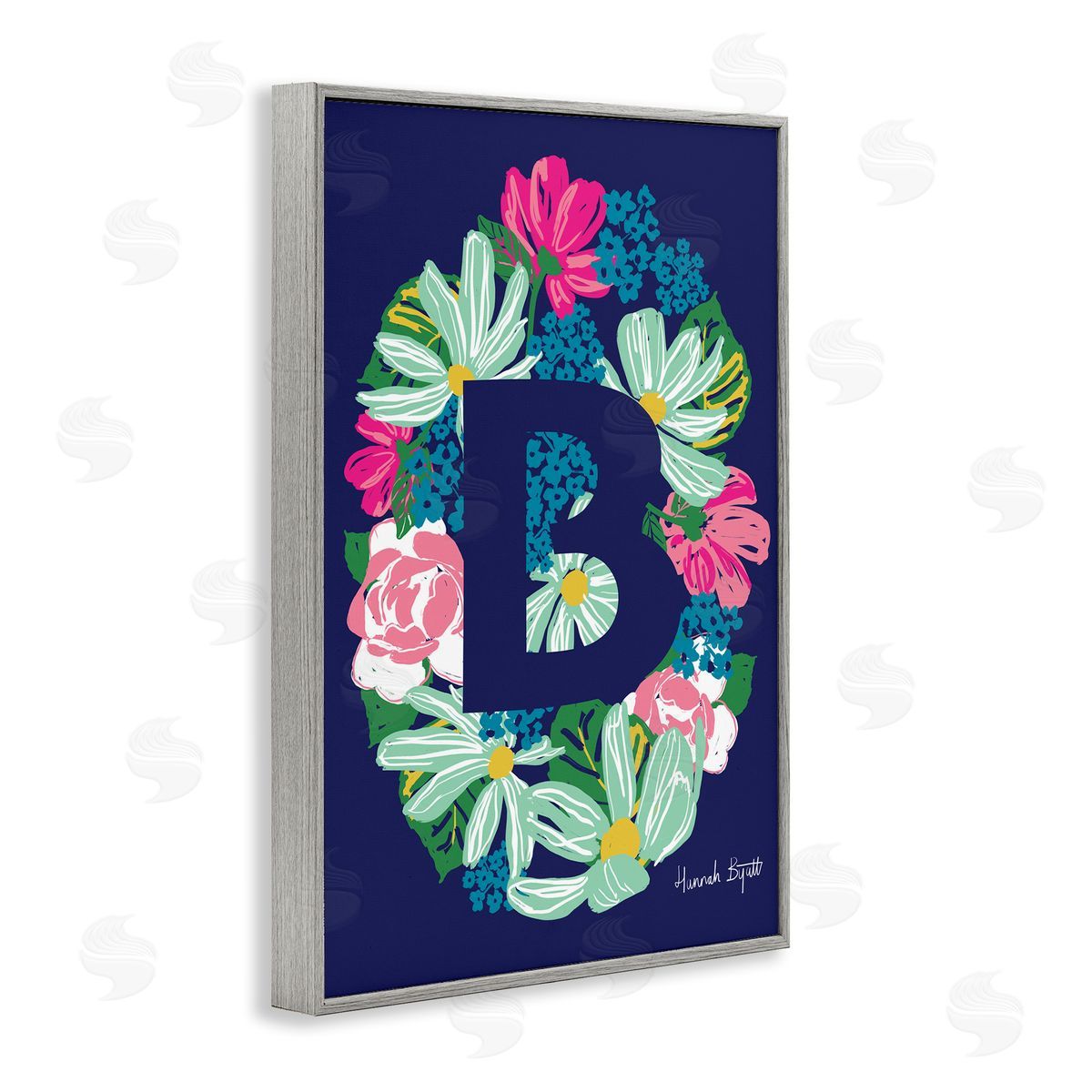 Floral Bloom Letter B Grey Frame Print Wall Art, Home Decor by Hannah Louise Byatt